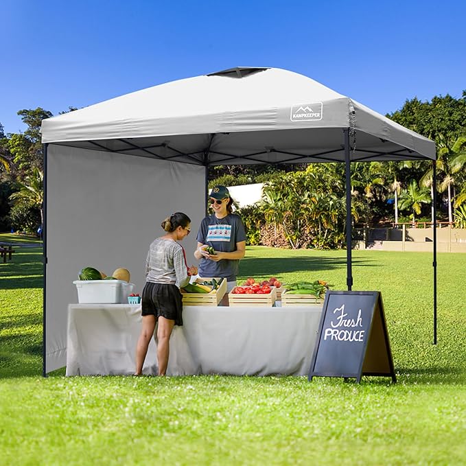 KAMPKEEPER 10x10 Pop Up Canopy Tent with 2 Sidewalls, Beach Tent - Easy Outdoor Sun Shade for Events, Parties, Camping - Gazebo with 4 Weight Bags & Carry Bag.(White)