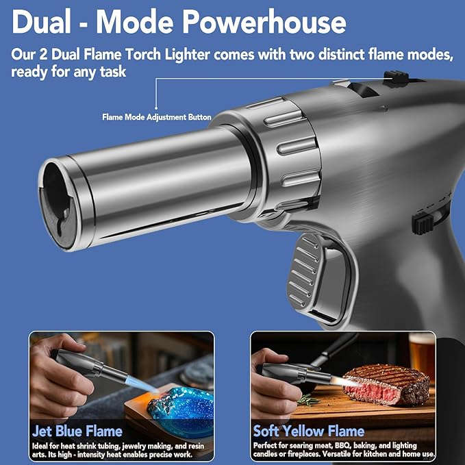 Sondiko DUAL Style Flame Butane Torch Lighter, Adjustable Flame Size Butane Lighter, Refillable Blow Torch with Continuous Flame Lock for Creme Brulee, Cooking(Butane Gas Is Not Included)