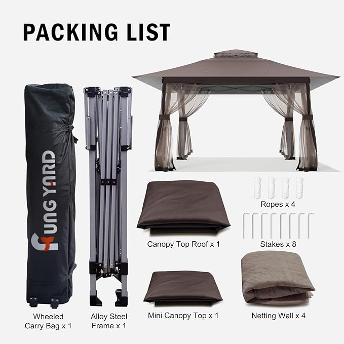 13x13 Outdoor Patio Gazebo with Mosquito Nettings - Double Roof Pop Up Canopy Tent with Wheeled Carry Bag, for Backyard Deck Lawns Garden (Brown, 13x13)