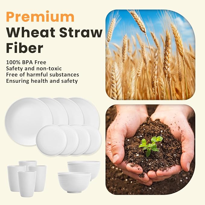 Homienly Wheat Straw Dinnerware Sets - 16 PCS Unbreakable Dinner Plates,Dessert Plates,Cereal Bowls,Drinking Cups,Dishes Sets for 4,Reusable Dishwasher & Microwave Safe for Kitchen - White