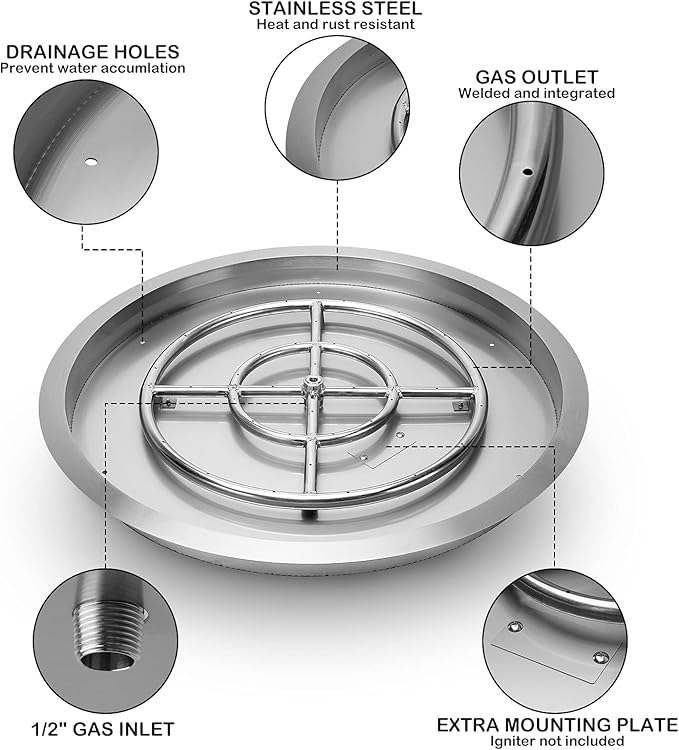 Stanbroil 25 Inch Drop-in Round Gas Fire Pit Kit with Spark Ignition, Propane Gas Version, 304 Stainless Steel
