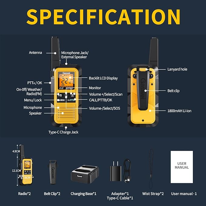 G2Pro+ IP67 Waterproof Floating Walkie Talkies with Double PTT, FM Radio, SOS & NOAA Weather Alerts, 2W Long Range Two-Way Radios for Adults, VOX Enabled, Rechargeable Lithium Battery (4 Pack)