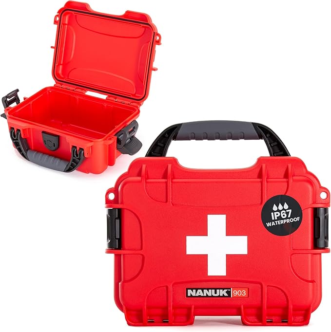NANUK 903 Waterproof First Aid Box Empty – Durable, Medical First Aid Organizer Case, IP67-Rated, Dustproof, Impact-Resistant, and Floats (7.4" x 4.9" x 3.1") – Red
