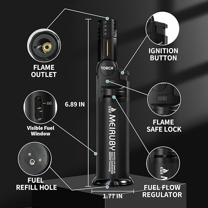 Butane Torch Lighter with Adjustable Jet Flame Head Angle/Safety Lock, Refillable Portable Culinary Blow Torch for Kitchen Cooking, Baking, BBQ, Welding & Camping