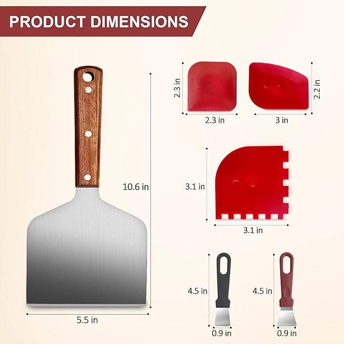 Griddle Scraper Set Includes A Wide Grill Scraper (Burger Scraper, Spatula Burger), 2 Stainless Steel Cleaning Scrapers and 3 Pan Scraper, Griddle Cleaning Kit for Blackstone.