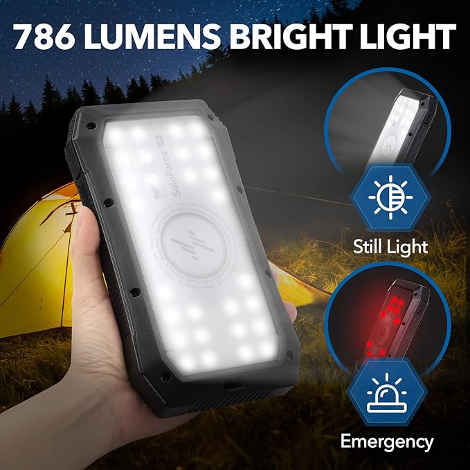 Solar Power Bank - 2000mAh Wireless Portable Charger for iPhone Android | Fast Charging Powerbank | Built-in Qi Panel, USB C Outlets, LED Light | Waterproof External Battery Pack for Camping