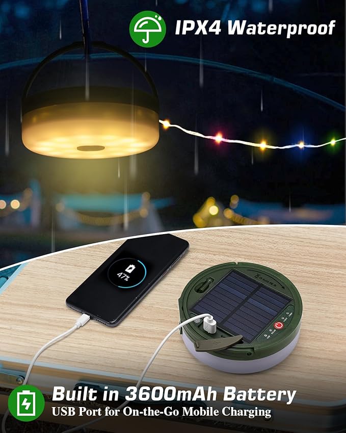 Anpro 4 in 1 Solar Camping String Lights, 32.8Ft Ultra Long Multi-Color LED String, 3600mAh Solar Powered and USB Rechargeable Light with Remote Control, Portable Camping Light for Hiking, Decoration