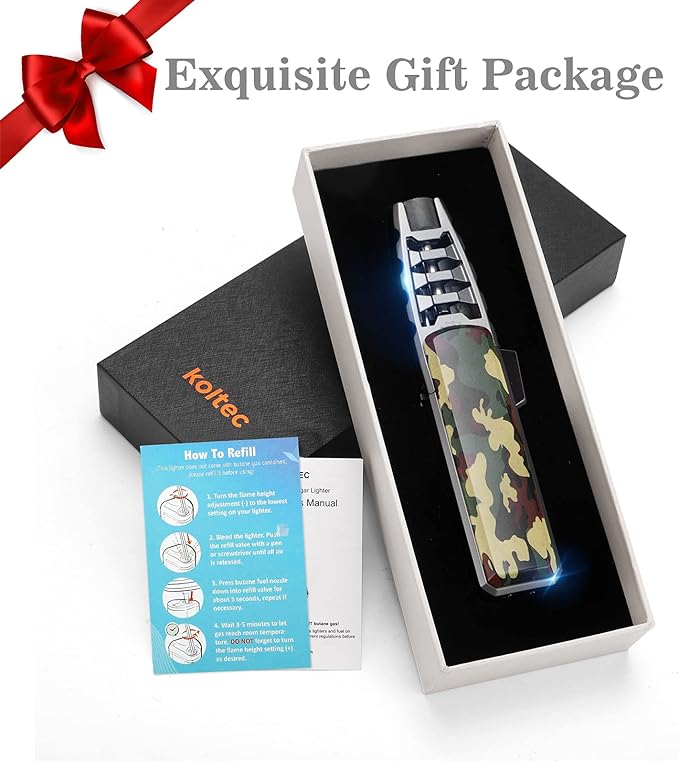 Butane Torch, Outdoor Windproof Cooking Torch Lighter, Refillable Adjustable Jet Flame Kitchen Butane Lighter with Safety and Fire Lock, Gift Box Package (Gas Not Included) (Camouflage)