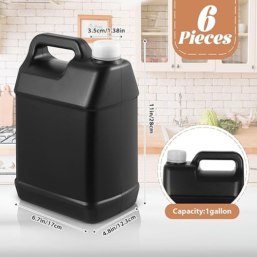 6 Pcs 1 Gallon Plastic Jug with Lids Square Empty Storage Containers HDPE Carboy Plastic Jar Containers for Water Beverage Oil Liquids (Black)