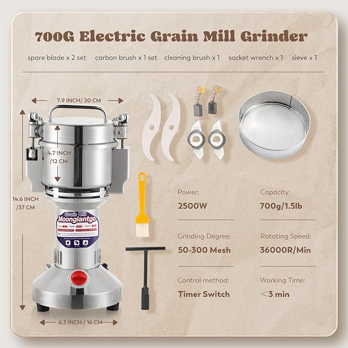 Moongiantgo Grain Mill Grinder Electric 700g Commercial Spice Grinder 2500W Stainless Steel Pulverizer Dry Grinding Machine for Wheat Corn Rice Pepper Herbs Coffee Beans (700g Upright, 110V)
