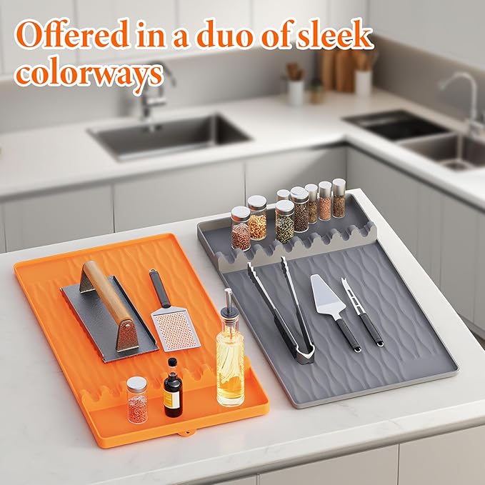 2-Pack Silicone Griddle Mat for Blackstone – Heat-Resistant Utensil Holder with Drip Tray, Non-Slip BBQ Tool Organizer for Grill, Kitchen Countertop & Outdoor Cooking Accessories(Grey&Orange)