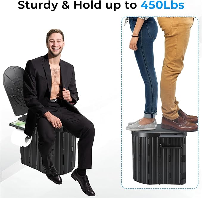 Portable Toilet for Adults, Foldable Plastic Toilet, with Lid and Paper Holder Travel Porta Potty for Adults Camping, Hiking, RV, Fishing, Beach, Road Trip, Truck, Hunting (Black)