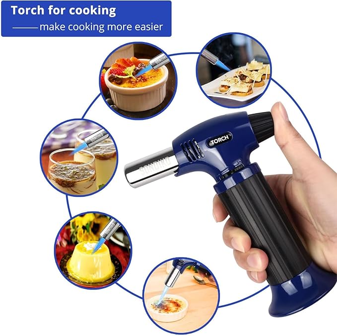 Sondiko Butane Torch Lighter, Refillable Blow Torch with Safety Lock and Adjustable Flame for Desserts, Creme Brulee, and Baking, Blue