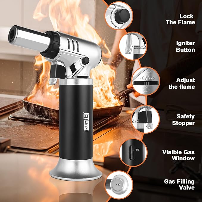 Butane Torch Lighter Refillable with Adjustable Flame Kitchen Torch for Creme Brulee Baking BBQ Cooking Soldering One Hand Operation with Fuel Window Safety Lock (Butane Gas Not Included)