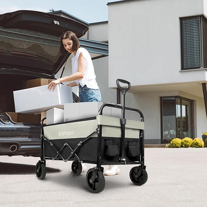 Large Collapsible Wagon Foldable for Grocery, Beach, Park, Yard, 34 x 18 Inch Inner Storage. Folding Utility Shopping Cart on Wheels. Heavy Duty, Durable w/Cupholders (Black-Gray)