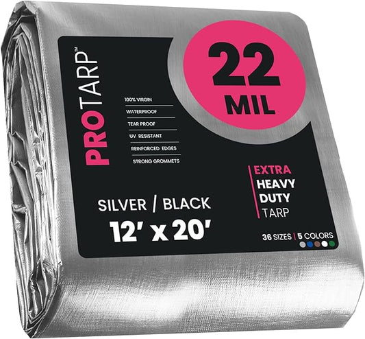 PROTARP Extreme Heavy Duty 22 Mil Tarp Cover, Waterproof, UV Resistant, Rip and Tear Proof, Poly Tarpaulin with Reinforced Edges for Roof, Camping, Patio, Pool, Boat. (Silver/Black 12′ X 20′)