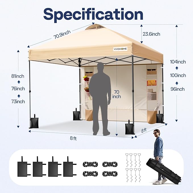 VIVOHOME 8x8ft Pop Up Canopy Tent with Sidewall and 6 Pockets, One Push Setup Outdoor Portable Shelter Tent Heavy Duty with Wheel Carry Bag and 4 Sandbags, Beige
