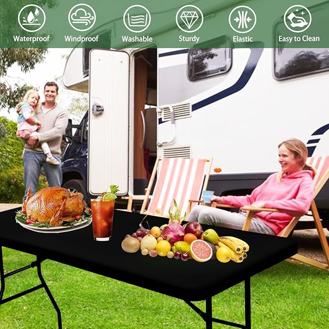 10 Pack Picnic Table Cover Fitted Tablecloth for 8 Foot Rectangle Tables Elastic Waterproof Stretch Washable Patio Folding Outdoor Spandex Table Cloth for Camping Banquet and Parties (Black,30" x 96")
