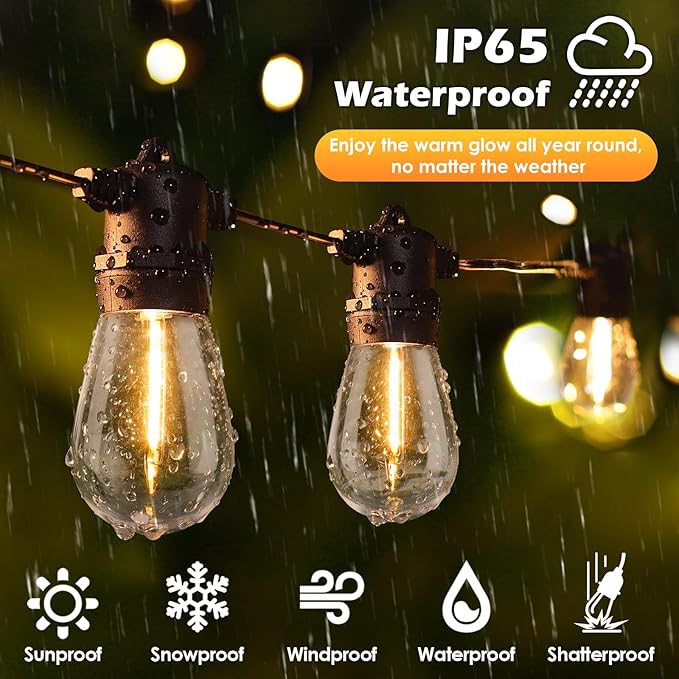 96FT LED Outdoor String Lights, Waterproof Patio Lights with 30+2 2700K Dimmable Shatterproof Edison Hanging Bulbs for Backyard Party-Black