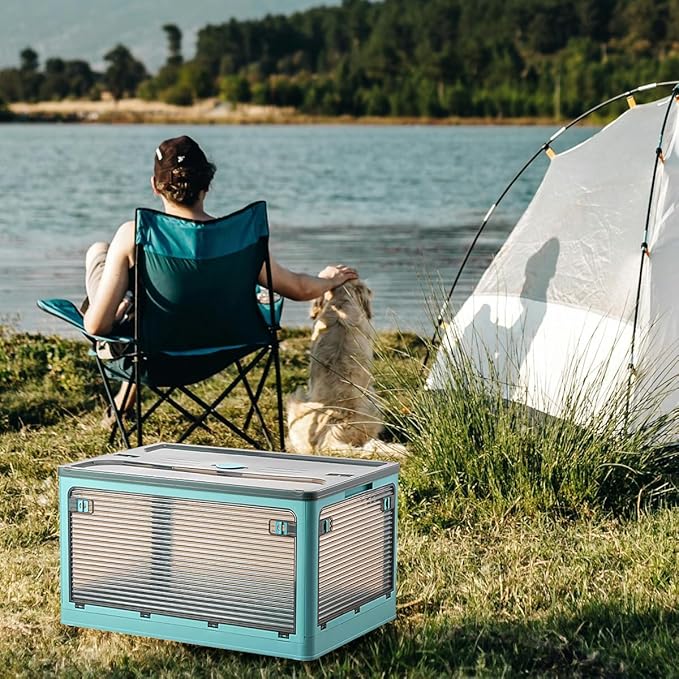 2 Pack Plastic 4 Doors Collapsible Storage Bins with Lid & Wheels, 50 Liters Folding Storage Bins, Stackable Multifunctional Box for Camping Clothes Snack Storage