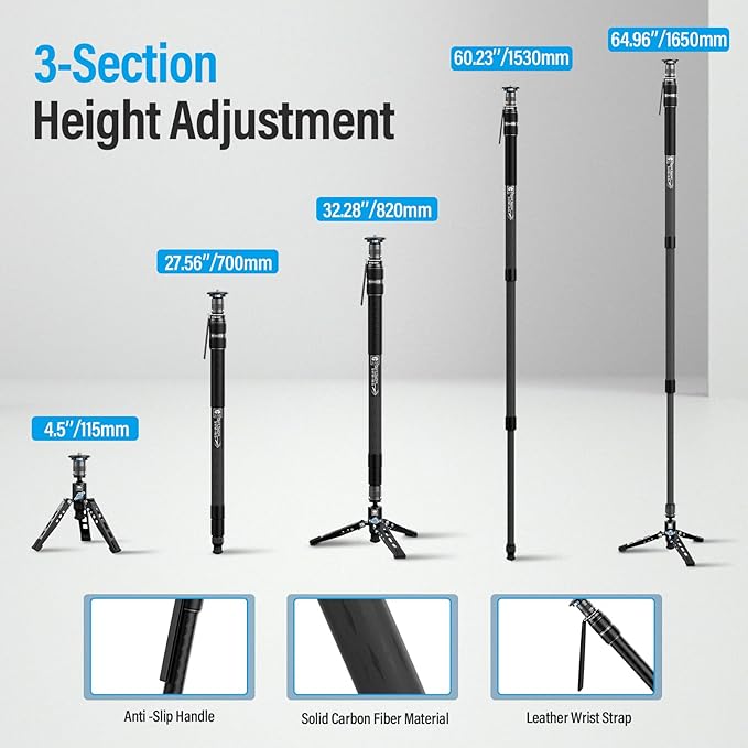 SIRUI SVM-165 Rapid Monopod for Cameras, 65” Carbon Fiber Monopod with Feet, One-Step Rapid Height Adjustment, Lightweight Travel Mono pod for DSLR Camera, Modular 3 in 1, Max Load 22lbs