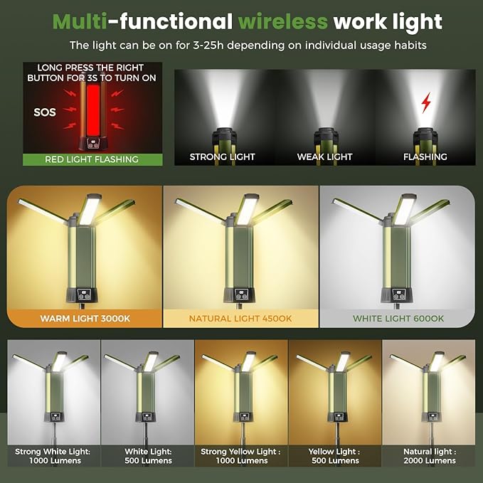 Rechargeable Camping Light with Stand: Cordless Work Light Kit 3 Page Head 500/1000/2000 Lumen 3500/6500K - Dimmable 6AH Camp Lights with Detachable Tripod,Hooks and Carrying Bag(Green-S)