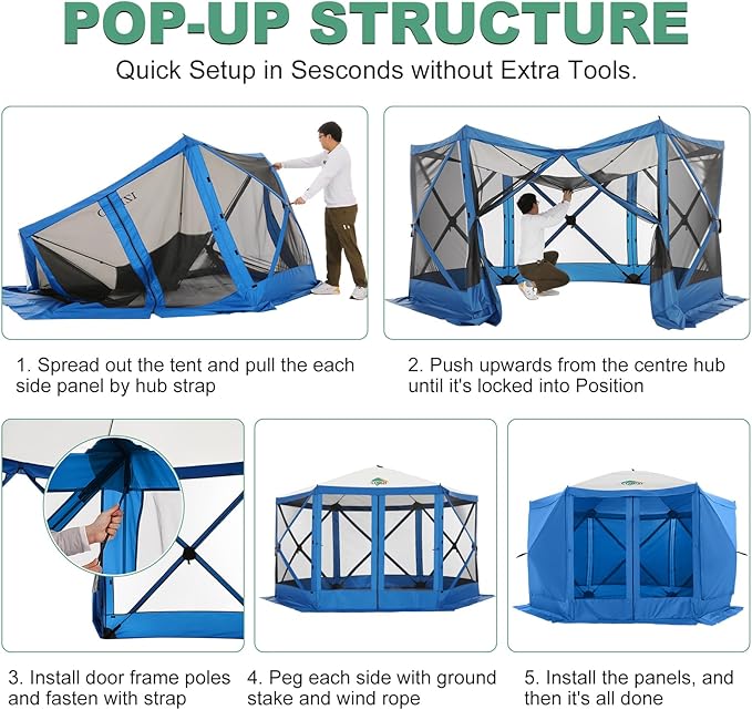 COBIZI 12x12 pop up Gazebo on Clearance Screen Canopy Tent, Camping Outdoor Screened Gazebo with Sidewalls, Portable Hub Tent with Carrying Bag and Ground Stakes, Blue