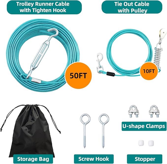 50FT Dog Runner for Yard with 10FT Tie Out Cable - Heavy Duty Trolley System for Large Dogs Up to 250LBS, Backyard/Park/Camping Use (Ice Blue, 50FT+10FT)