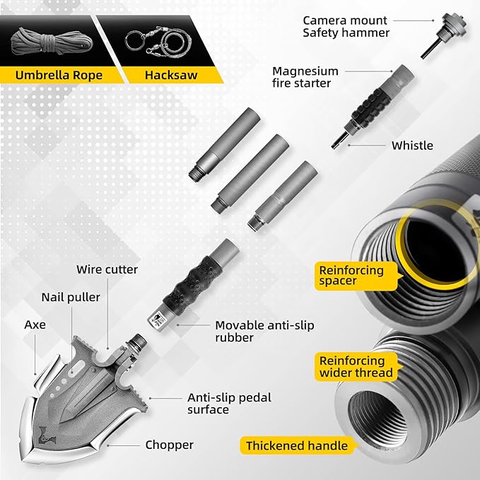 Zune Lotoo Survival Shovel Multitool 28 in 1 Luxury Kit, Tactical Camping Folding Shovel, Unbreakable Martensitic Steel Adjustable 7 Angles 24-35.4'' Length, Compact Gear for Outdoor Hiking Emergency