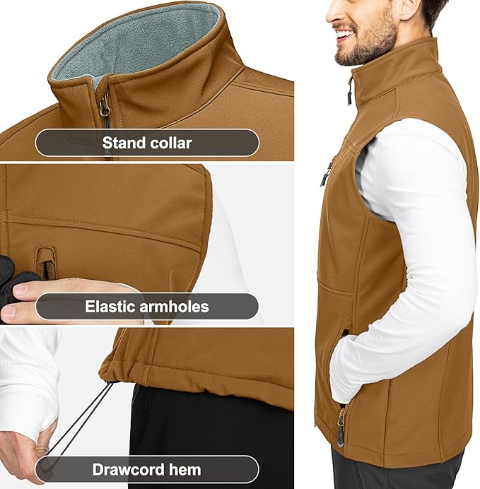 33,000ft Men's Lightweight Softshell Vest Outerwear Zip Up Fleece Lined Windproof Sleeveless Jacket for Golf Running Hiking