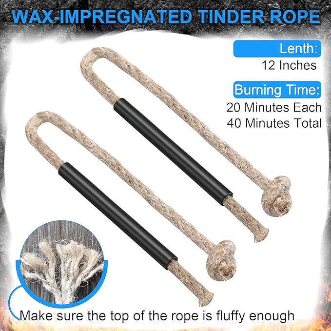 Ferro Rod Fire Starter Kit – Two 5" Flint and Steel with Two Waxed Tinder Cord & Paracord for Camping, Hiking, Outdoor Survival, Emergency Preparedness