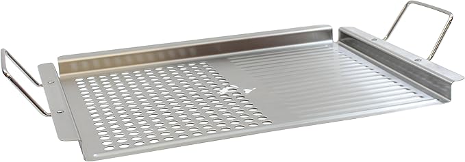 TableCraft BBQ2013, Stainless Steel Grilling Pan with Dual Surface and Handles, for Gas and Charcoal Grills, Keeps Food Secure, 18.75" x 12", Silver – Ideal for Outdoor BBQs