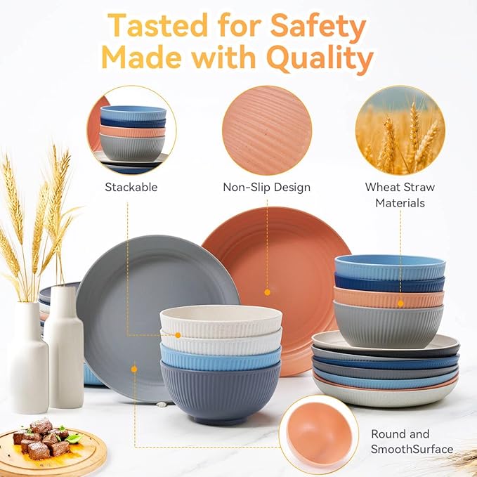 Wheat Straw Dinnerware Sets,56-Piece Plates and Bowls Sets for 8-Unbreakable,Reusable Plastic Dish Set-Dinner Plate/Cereal Bowl/Cup/Utensils-Microwavable Dishwasher Safe 56P-Deep Gray