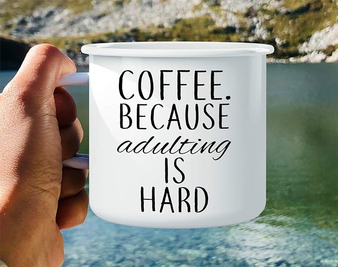 Retreez Coffee. Because Adulting is Hard 16 Oz Enamel Stainless Steel Metal Camping Campfire Coffee Mug - Funny Sarcastic Motivational Inspirational birthday gift for friend coworker sister dad mom