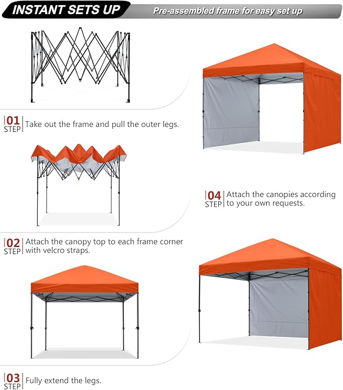 ABCCANOPY Pop up Canopy Tent with 2 Sidewalls for Outdoor Sun Blocking or Rain Protection,10x10, Orange