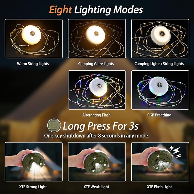 3-Pack Camping String Lights, 4 in 1 Portable Camping Light Rechargeable, 8 Lighting Modes, USB Charging, Quick Storage, 32.8FT Waterproof Tent Lights String for Camping, Hiking, Yard, Christmas