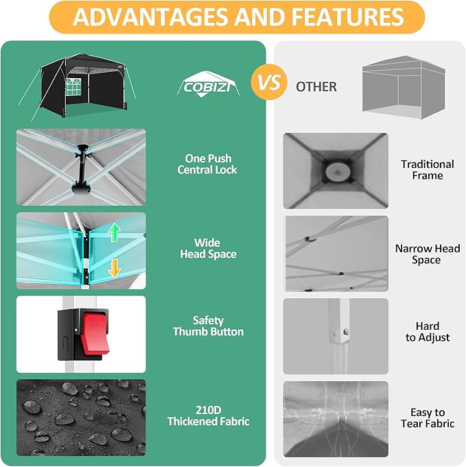 COBIZI Canopy Tent 10x10, Easy Up 10x10 Pop Up Canopy for Party Camping, Party Tents with One Push Central Button Air Vent, Outdoor Gazebo Tent with Sidewalls and Reflective Strip(Black)