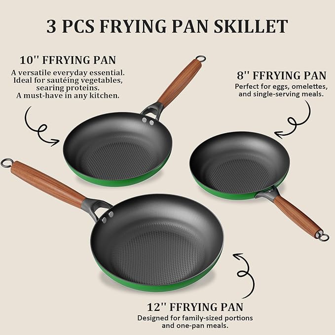 YUTANN Cast Iron Frying Pan Set - 8&10&12 Inch Pre-Seasoned Skillets, Diamond Textured Oil-Conserving Bottom, Nonstick & Toxin-Free Cookware, Detachable Handle, Works on Induction & Oven