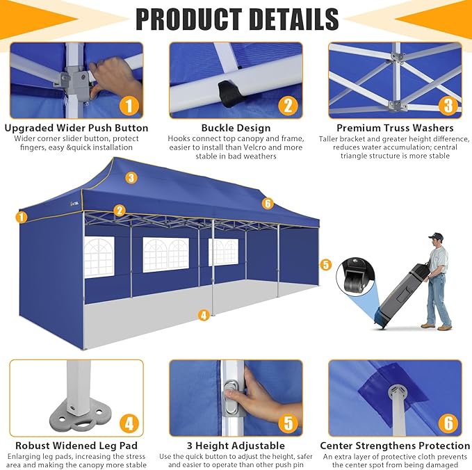 HOTEEL Tents for Parties 10x30 Heavy Duty Pop Up Canopy Tent with 5 Sidewalls&Wheeled Bag, Commercial Event Party Tent Wedding Instant Canopy Waterproof, UV 50+, Upgrade Thick Hexagonal Leg, Deep Blue