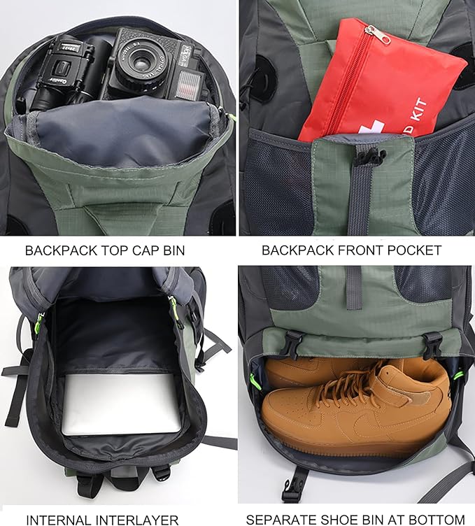 Bseash 50L Hiking Backpack, Water Resistant Lightweight Outdoor Sport Daypack Travel Bag for Camping Climbing Skiing Cycling (Blue Green - With Shoe Compartment)