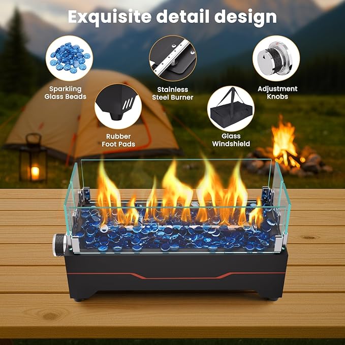 GRISUN Tabletop Fire Pit,15 Inch Propane Fire Pit Table,30000 BTU Table Top Firepit with Glass Wind Guard,Stainless Steel Burner,Fire Glass,Portable Propane fire Pit for Patio, Camping, Backyard & RV
