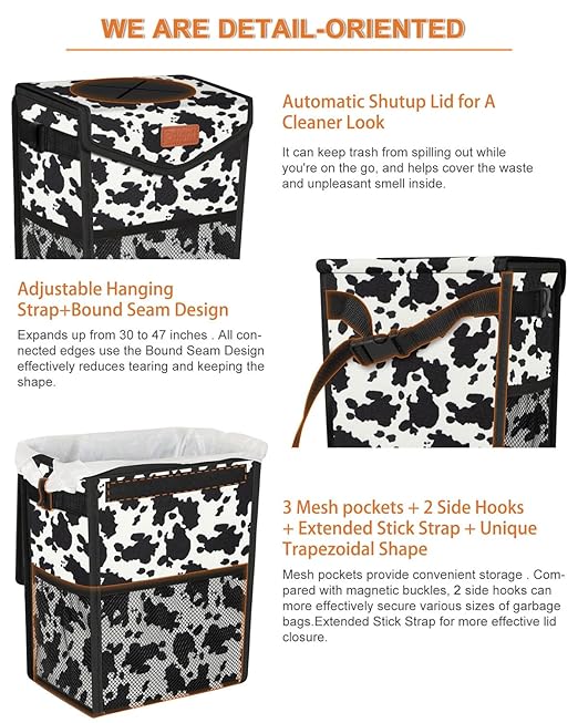 Car Trash Can with Lid, Cute Leakproof Car Trash Garbage Bag Hanging Vehicle Trash Bin Small Portable Automotive Garbage Cans Organizer for Back/Front Seat/Console(2.8 Gallons,Cow Print)