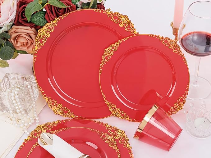 Nervure 175PCS Red Plastic Plates - Disposable Red Gold Party Plates & Pre Rolled Napkins with Cutlery for 25 Guests, 50Plates, 75Silverware, 25Cups, 25Napkin for Wedding & Party & Independence