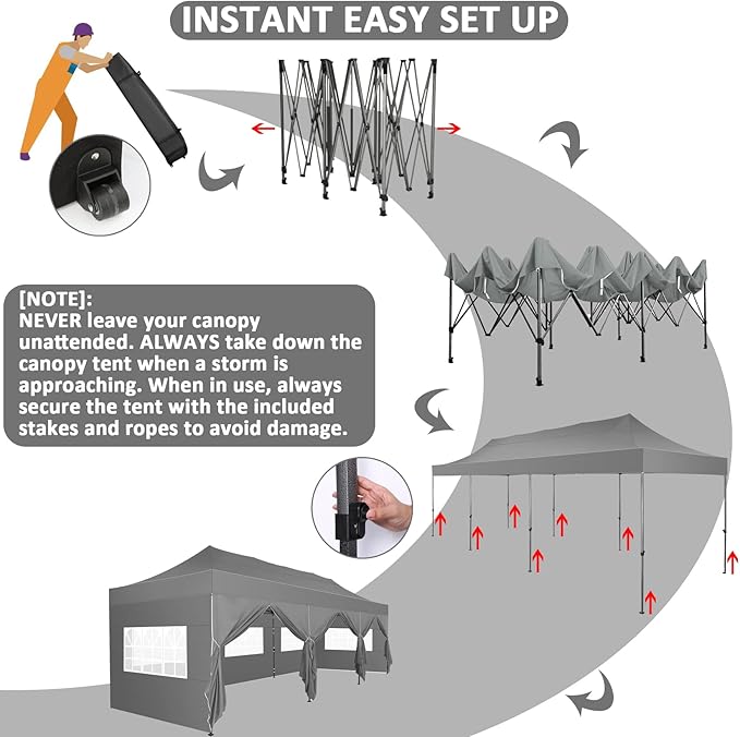 COBIZI 10x30 Pop Up Canopy with 8 Sidewall,Heavy Duty UPF 50+ All Season Wind Waterproof Commercial Outdoor Wedding Party Tents for Parties Canopy Gazebo with Roller Bag(10 x 30 ft Gray)