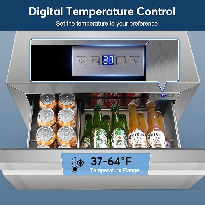 Stainless Steel 3-Tier Drawer Fridge Undercounter, Outdoor Beverage Refrigerator with Wheels, Waterproof Design and Temperature Control for Home and Commercial Use