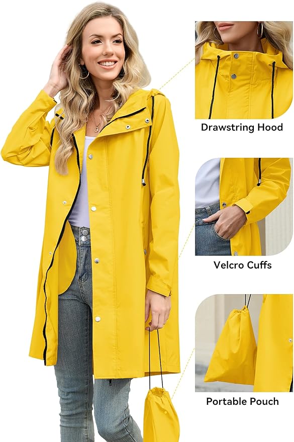 Zando Long Packable Rain Jacket Women Waterproof - Raincoat for Women Rain Coat with Hood Lightweight Outdoor Windbreaker