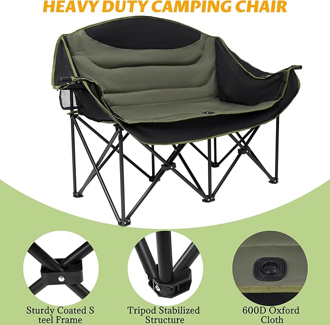 UBALANCE Double Camping Chair - Oversized Two Person Camp Chair with 650 lb. Load Capacity - Army Green - Ideal Camping Gear for Outdoor Adventures
