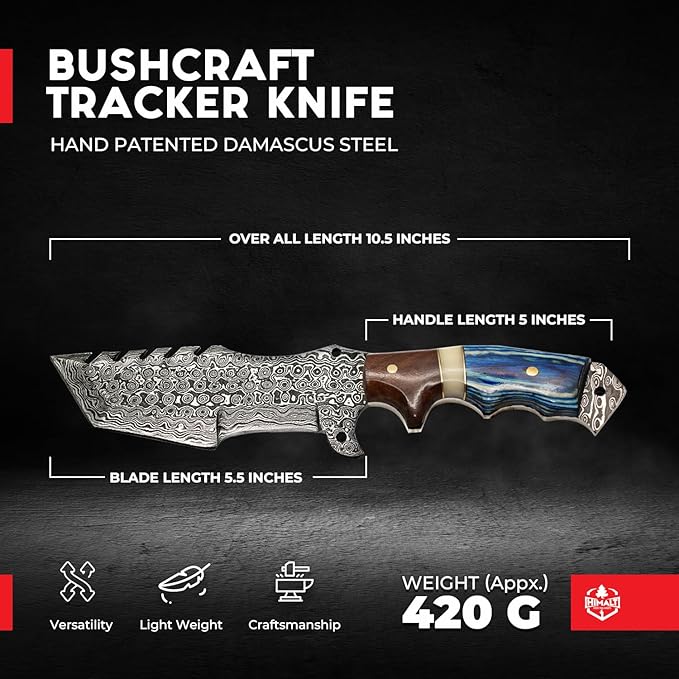10.5” Damascus knife-Fixed Blade Hunting Knife with Sheath-Bushcraft knife-Survival Knife-Camping knife- Ideal For EDC, skinning, Camping, Outdoor-Best Hunting Knives For Men.Red wood, Camel Bone & Pakka Blue Handle