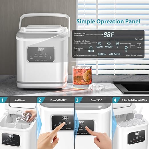Ice Maker Machine countertop Self Cleaning Portable Compact Small Bullet Ice Maker with Digital Screen,9 Cubes in 6 Mins,26lbs in 24Hrs,for Camping Dorm Home Outdoor(White)