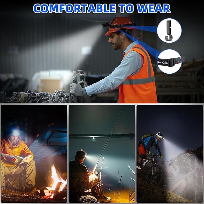 High Lumen Rechargeable Headlamp, Super Bright Head Lamp, 90°Angle Head Lights for Forehead, Adjustable Focus Headlight, 4Mode LED Headlamp Rechargeable, Headlamps for Adults Hard Hat Hiking (4Pack)